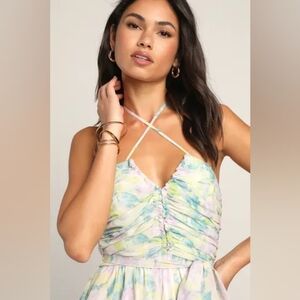 Lulus Effortlessly Abloom Green Multi Floral Ruched Halter Maxi Dress